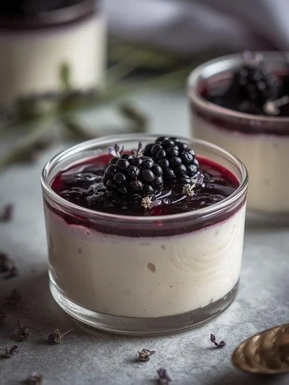 Blackberry Lavender Panna Cotta dessert topped with fresh blackberries and lavender sprigs
