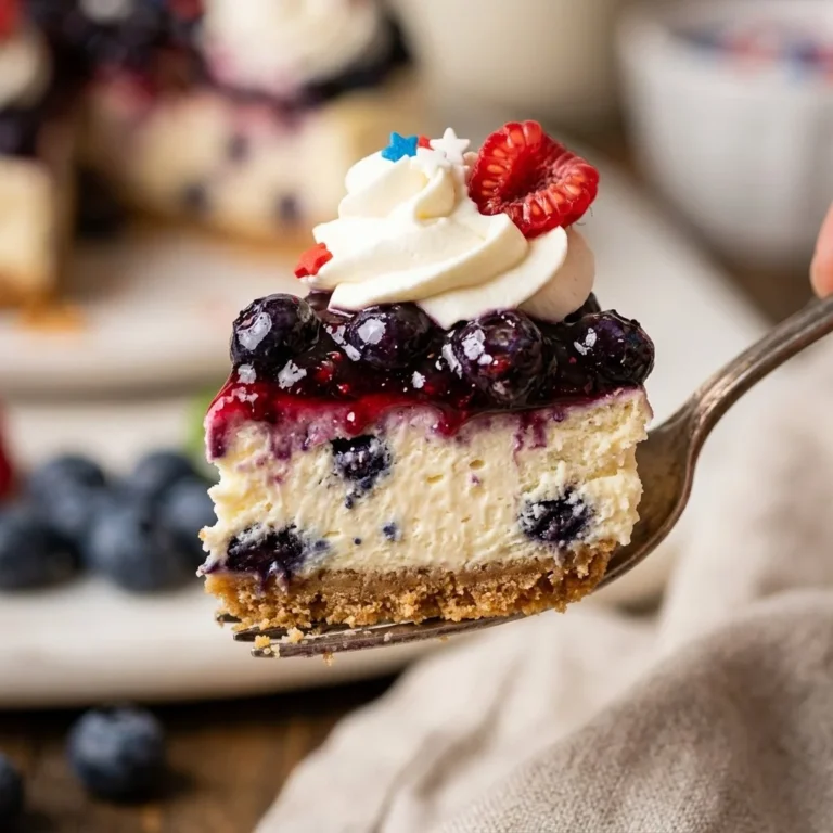 Beautiful blueberry cheesecake icebox cake with patriotic decorations, perfect for summer.