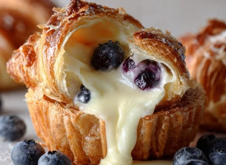 Freshly baked blueberry croissant cups served on a plate