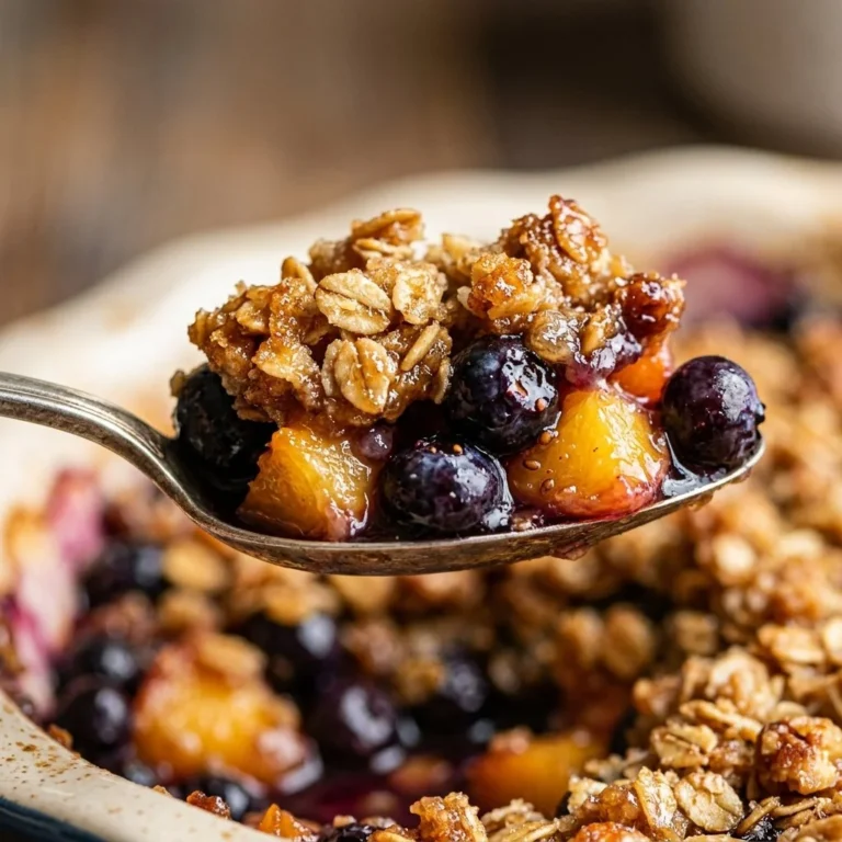 Delicious Blueberry Peach Crisp topped with crunchy oats and fresh fruit.
