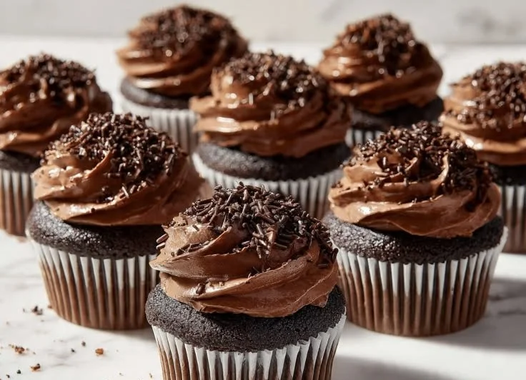 Delicious Boston Cream Pie Cupcakes topped with chocolate ganache and cream filling.