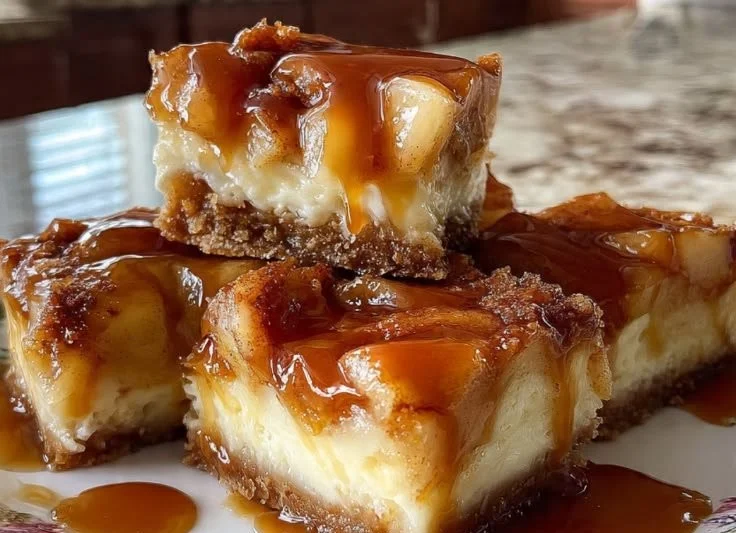 Delicious caramel apple cheesecake bars topped with caramel drizzle.