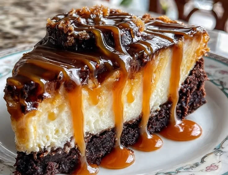 Delicious caramel brownie cheesecake with rich caramel topping and chocolate crust