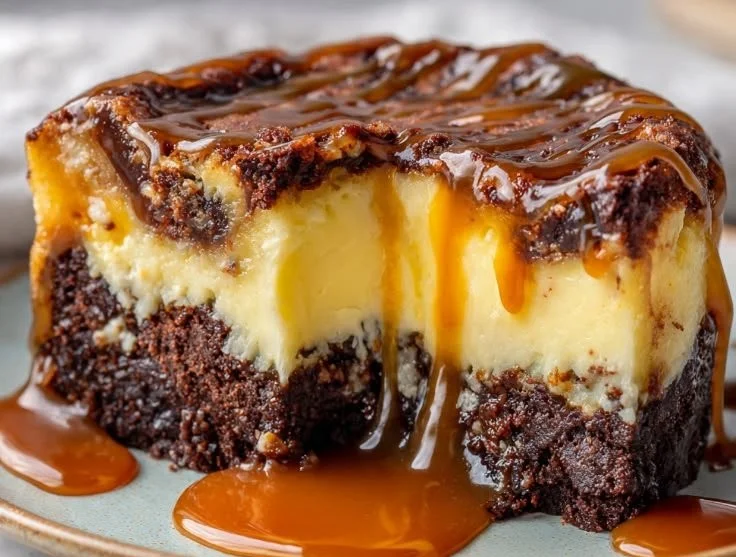 Delicious caramel brownie cheesecake slice with creamy layers and a rich topping