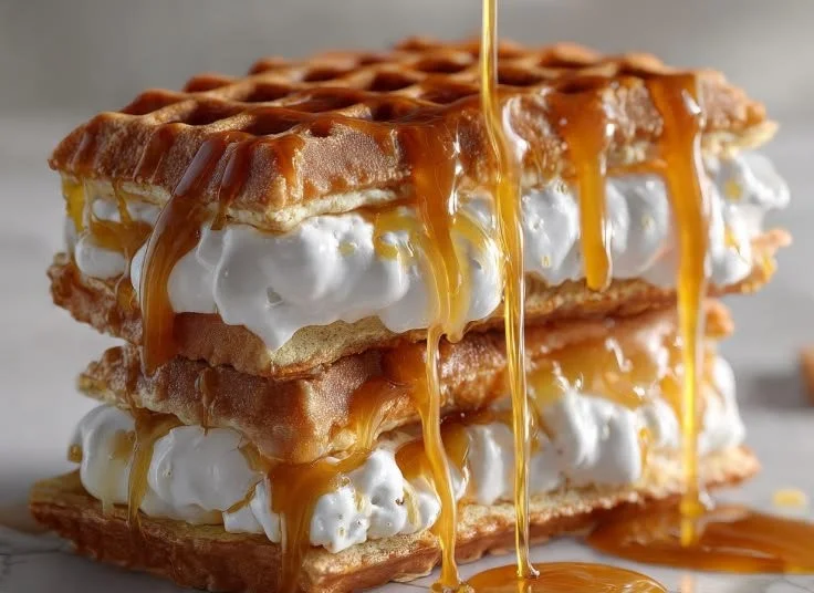 Delicious caramel waffles drizzled with caramel sauce on a white plate