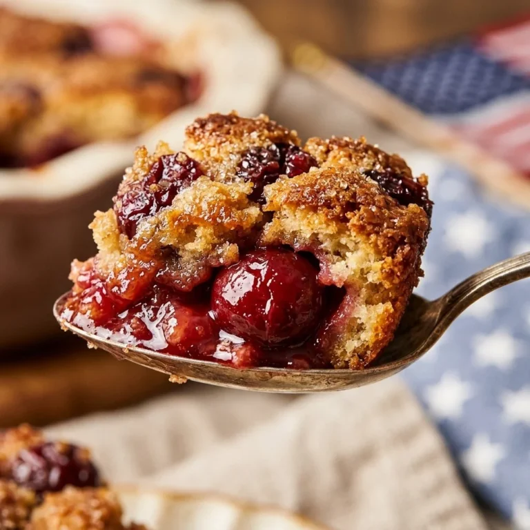 Delicious cherry cobbler served in a patriotic-themed dessert dish.