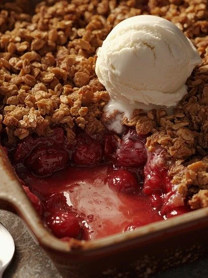 Delicious Cherry Crisp Dessert served with a scoop of vanilla ice cream