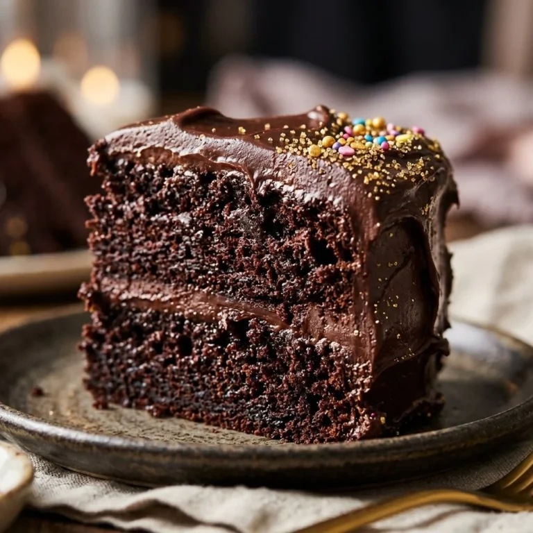 Moist chocolate birthday cake decorated with frosting and candles.