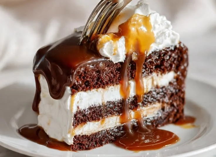 Decadent chocolate cake topped with creamy caramel for a delightful dessert.