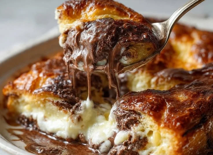 Freshly baked chocolate chip croissants on a wooden table