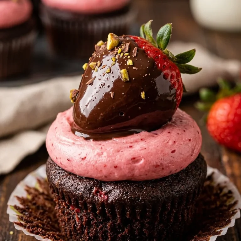 Delicious chocolate covered strawberry cupcakes decorated with fresh strawberries