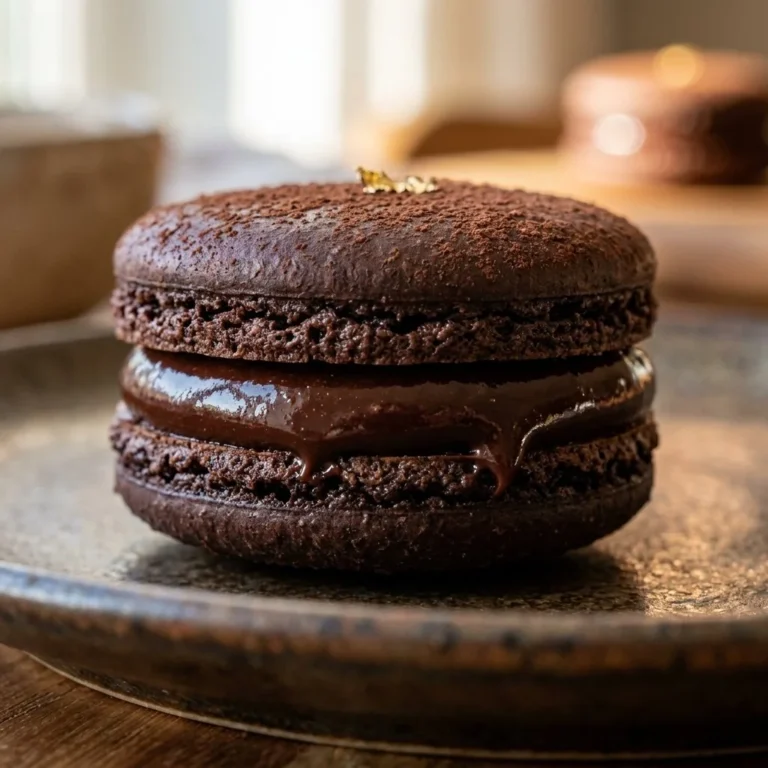 Delicious chocolate macarons with ganache filling on a decorative plate