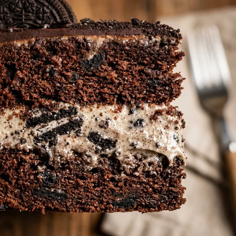 Delicious homemade Chocolate Oreo Cake with layers of cream and chocolate