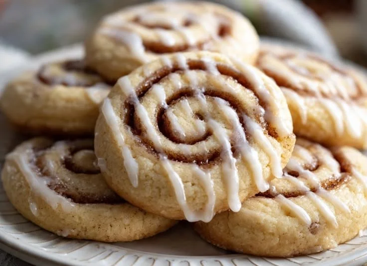 Freshly baked cinnamon roll sugar cookies on a plate