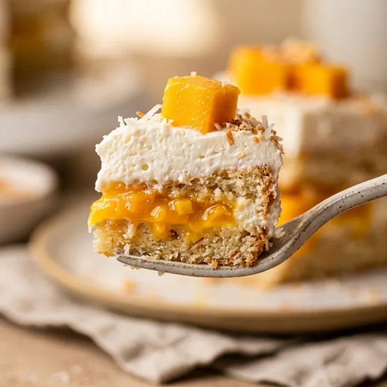 Delicious Coconut Mango Cream Cake topped with fresh mango and coconut flakes