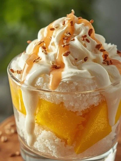 A delicious Coconut Mango Sticky Rice Parfait served in a glass.