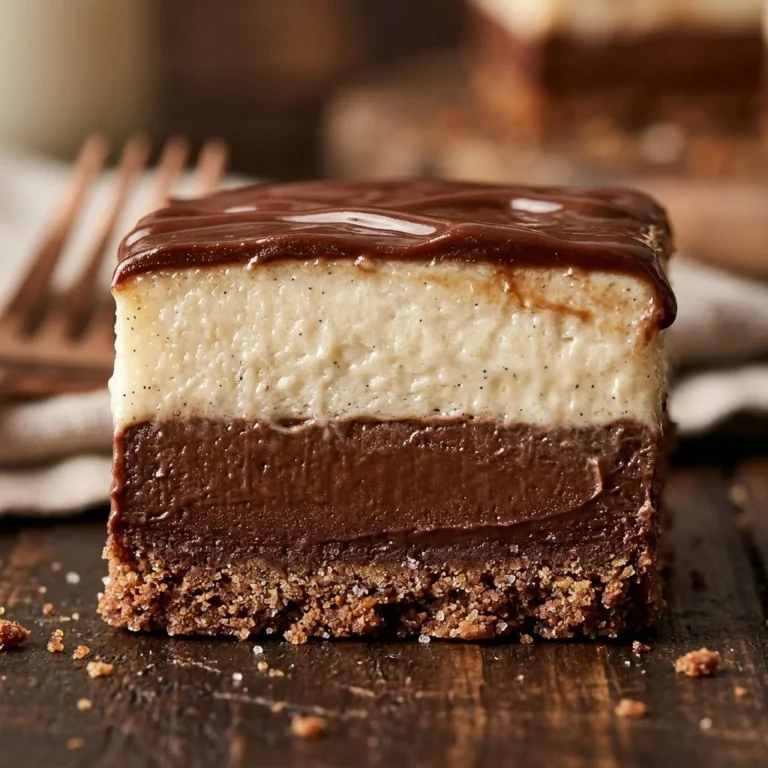 Delicious creamy chocolate vanilla pie bars on a plate
