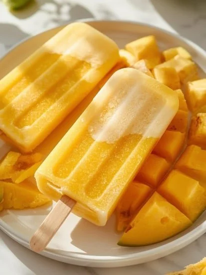 Creamy mango coconut popsicles in a vibrant summer setting