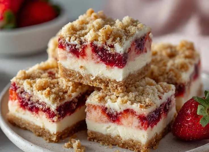 Crunchy Strawberry Cheesecake Bars with fresh strawberries and a graham cracker crust