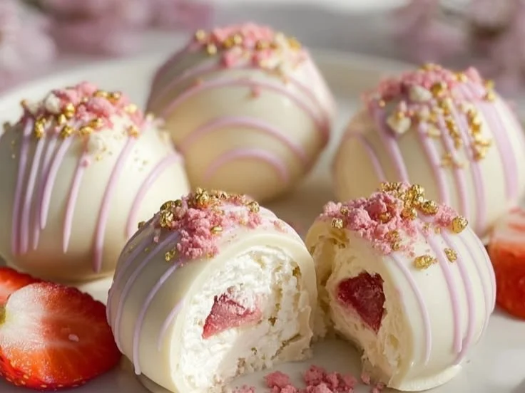 Easter Strawberry Shortcake Bombs with strawberries and whipped cream