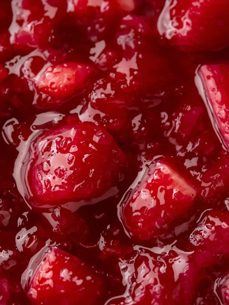 Jar of easy strawberry rhubarb jam made with jello, showcasing vibrant red color.