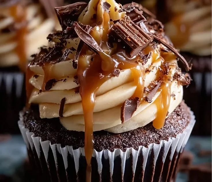 Delicious espresso chocolate cupcakes with salted caramel buttercream frosting