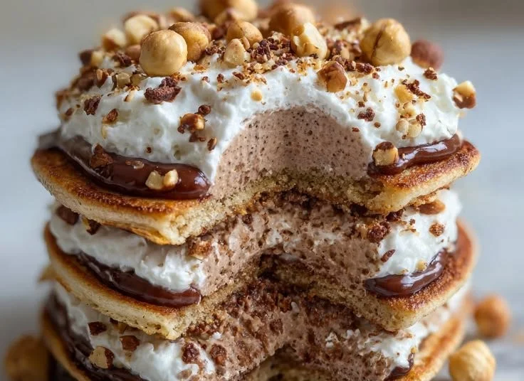 Fluffy chocolate hazelnut pancakes stacked with syrup and toppings