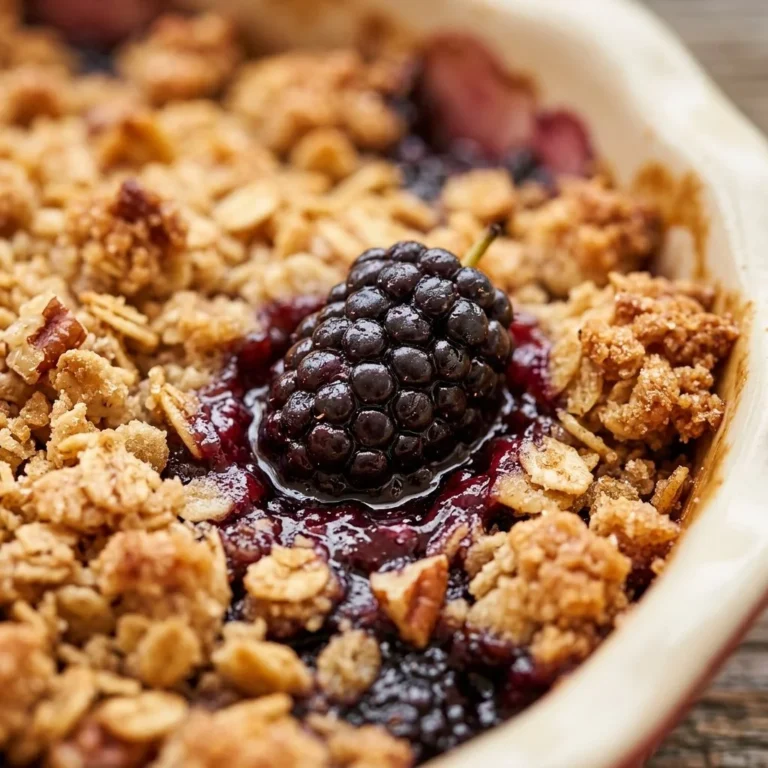 Delicious fresh mulberry crisp served in a rustic dish with a scoop of ice cream