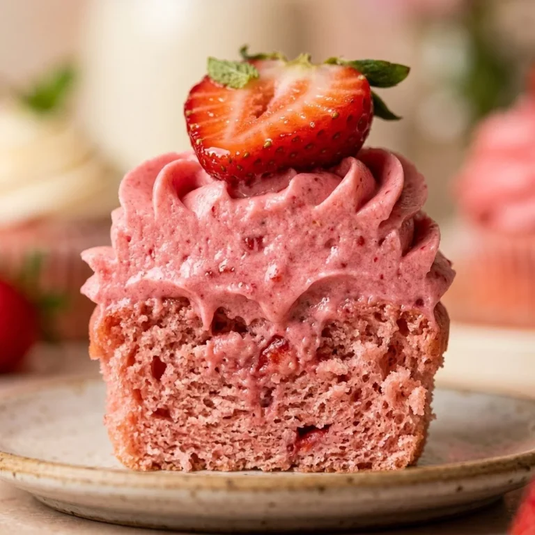 Fresh strawberry cupcakes topped with frosting and strawberries