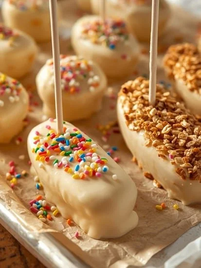 Frozen bananas dipped in white chocolate on a plate.