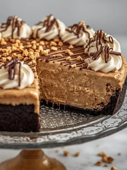 Frozen Peanut Butter Silk Pie topped with whipped cream and chocolate drizzle