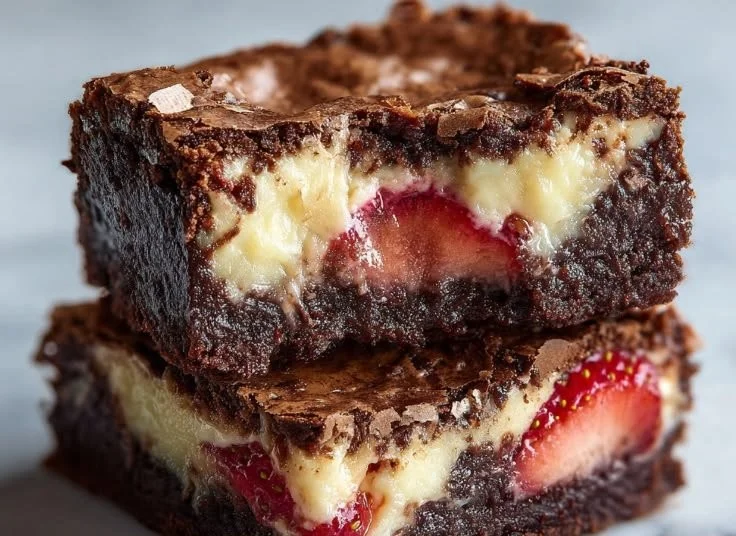 Fudgy chocolate strawberry cheesecake brownies on a dessert plate