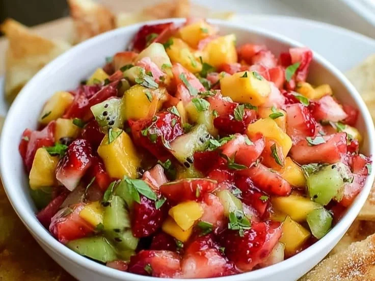 Healthy fruit salsa served with cinnamon sugar pita chips on a platter