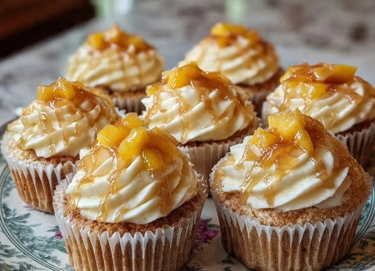 Delicious honey peach cream cheese cupcakes topped with fresh peaches.