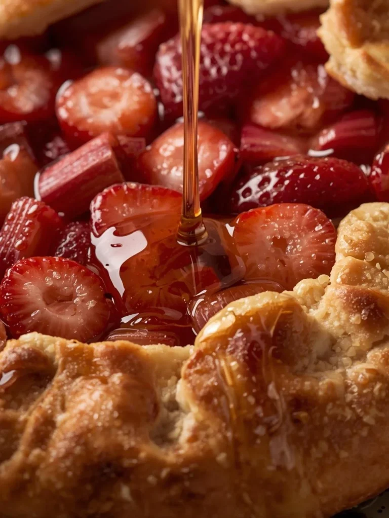 Honeyed strawberry rhubarb galette with a flaky crust and fresh fruit filling