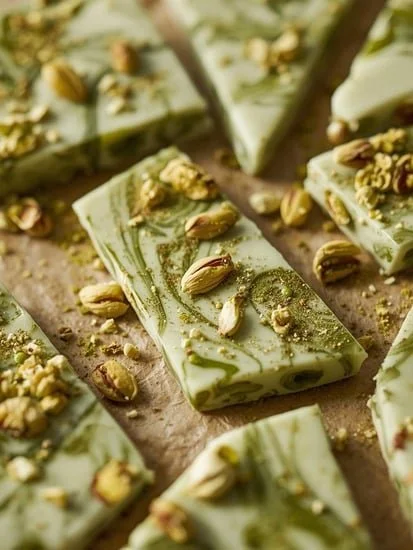 Iced Matcha White Chocolate Bark topped with green matcha powder and white chocolate drizzle.