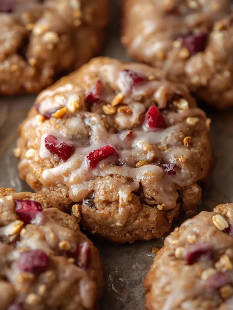 Iced rhubarb oatmeal cookies served on a plate with a cup of tea