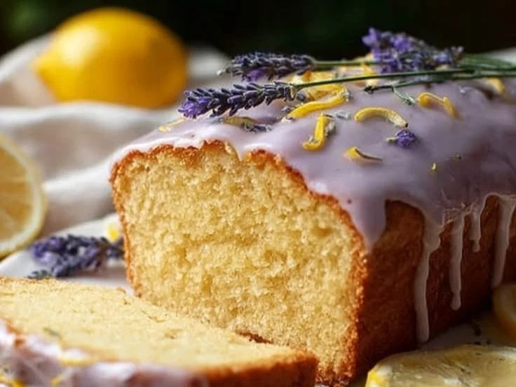 Delicious Lavender Lemon Cake garnished with lemon slices and lavender sprigs.
