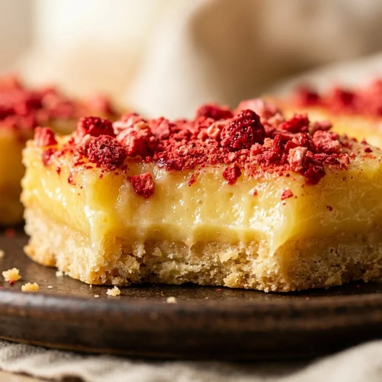 Lemon bars with freeze-dried strawberry topping on a white plate