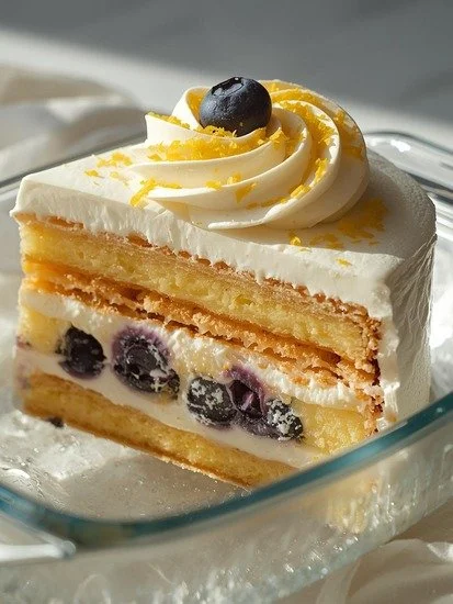Delicious Lemon Blueberry Icebox Cake with fresh blueberries and lemon zest