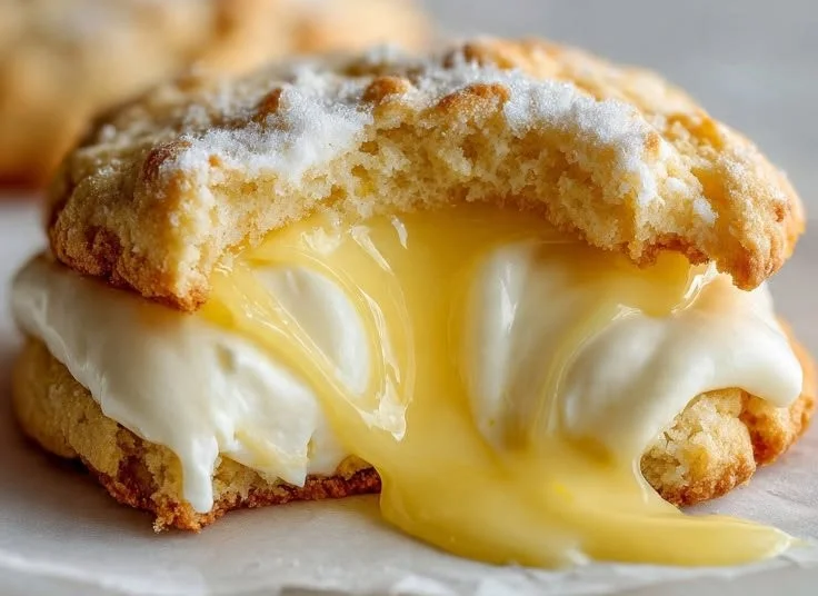 Delicious lemon cream sugar cookies on a plate with a lemon garnish.