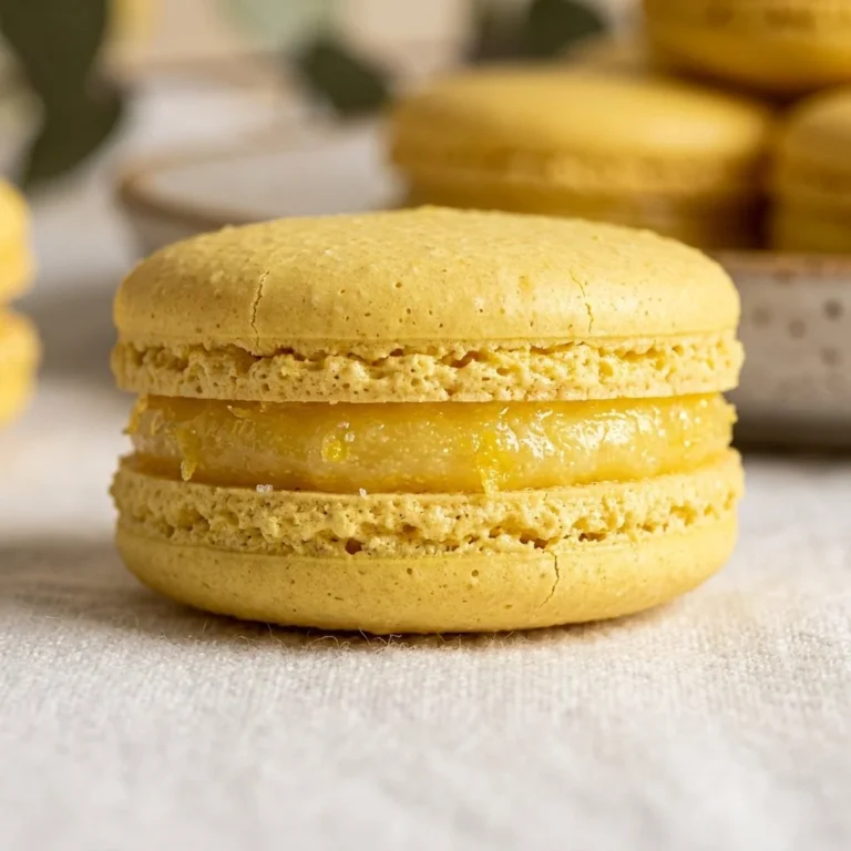 A vibrant plate of lemon macarons, showcasing their bright yellow color and delicate texture