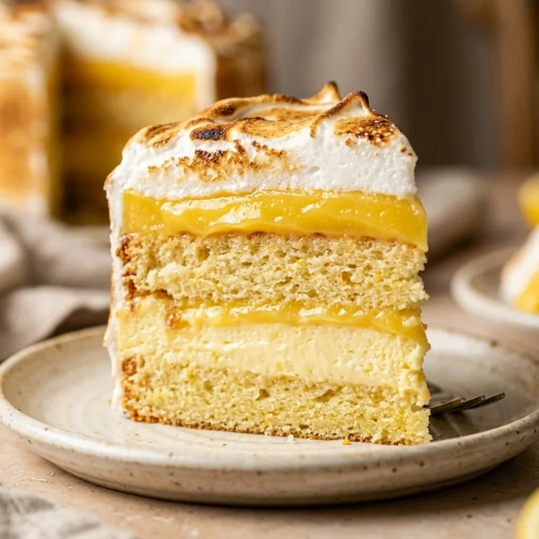 Layered Lemon Meringue Cake with fluffy meringue topping and lemon layers
