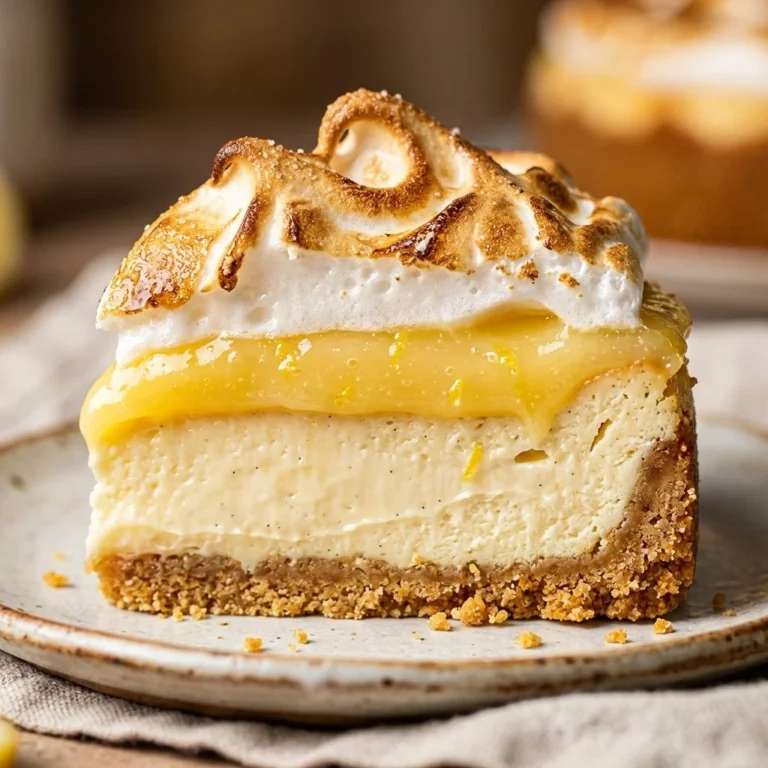 Slice of Lemon Meringue Pie Cheesecake topped with meringue and lemon zest
