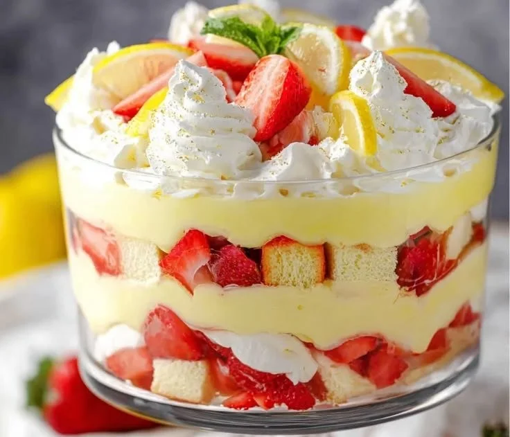 Delicious Lemon Strawberry Trifle with layers of strawberries and lemon cream