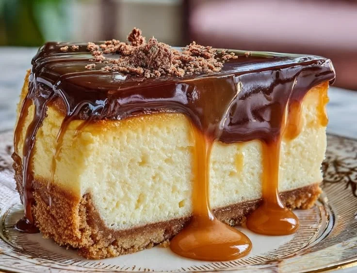 Delicious Millionaire's Cheesecake topped with chocolate and caramel sauce