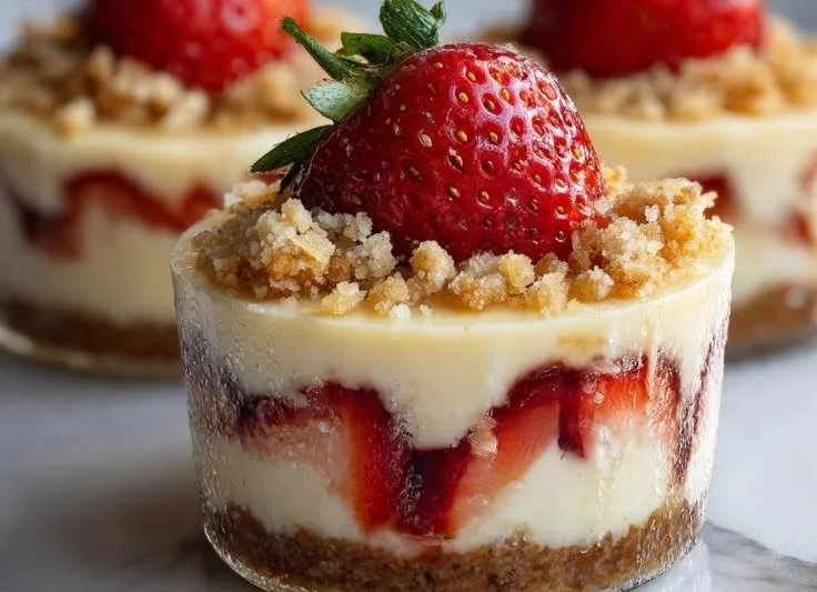 Mini cheesecake cups topped with fresh berries and served on a plate