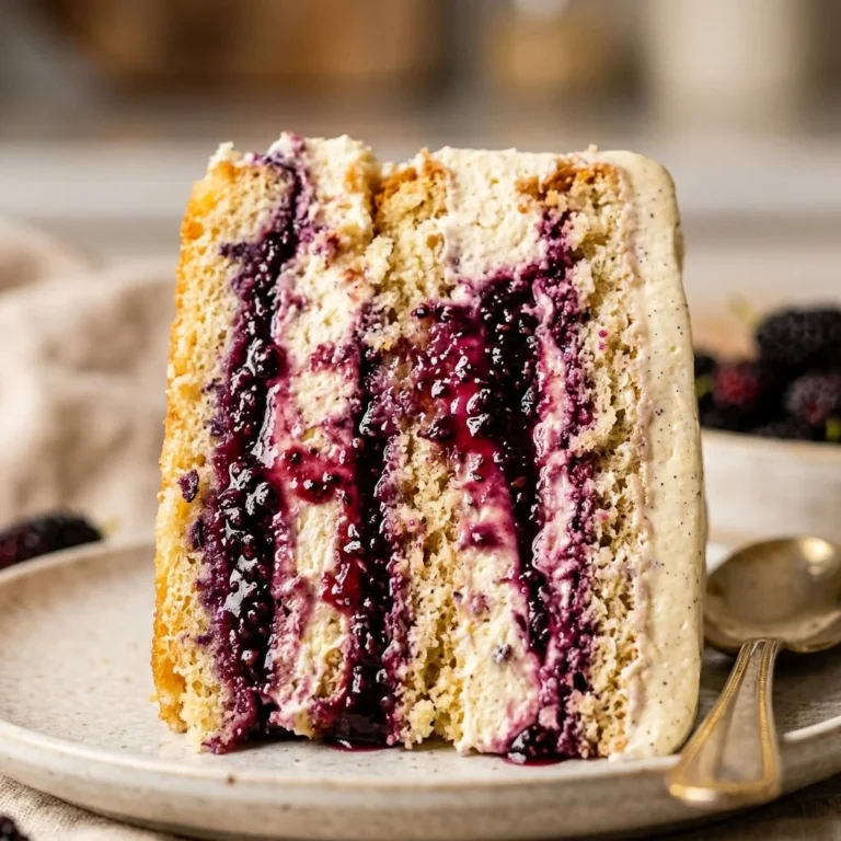 Delicious mulberry swirl icebox cake with layers of cream and berries.