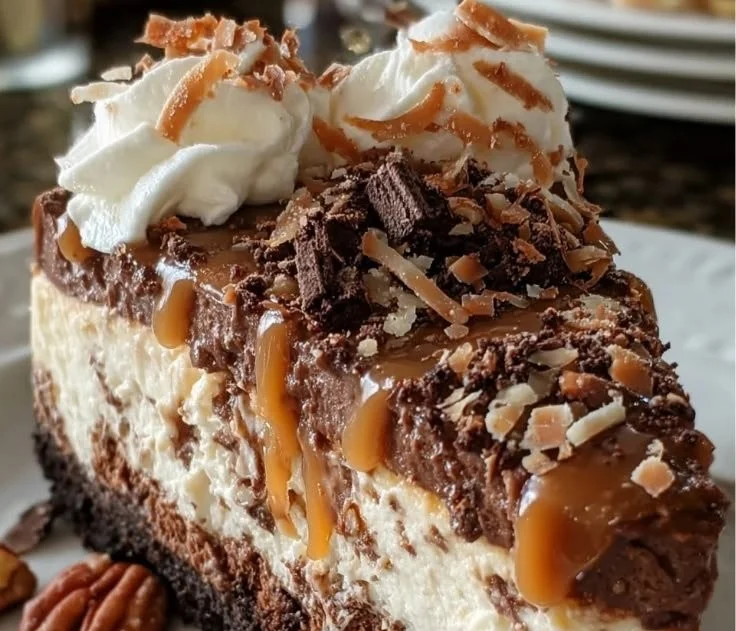 Delicious No-Bake German Chocolate Cheesecake topped with coconut and pecans.
