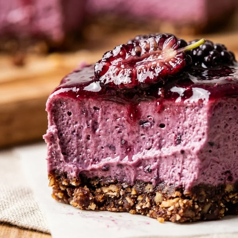 No-bake mulberry cheesecake bars topped with fresh mulberries
